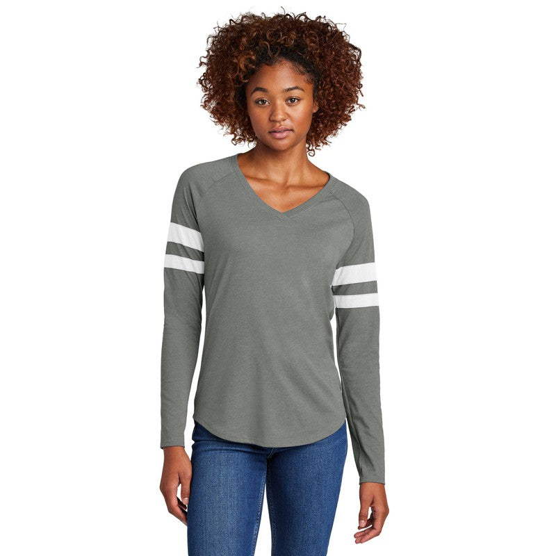 EUPHORIA Sport-Tek® Ladies Halftime Stripe Long Sleeve V-Neck Tee - White/ Vintage Heather