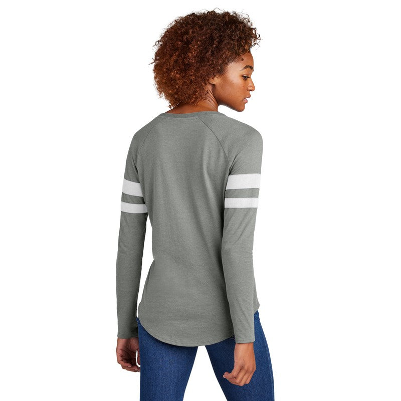 EUPHORIA Sport-Tek® Ladies Halftime Stripe Long Sleeve V-Neck Tee - White/ Vintage Heather