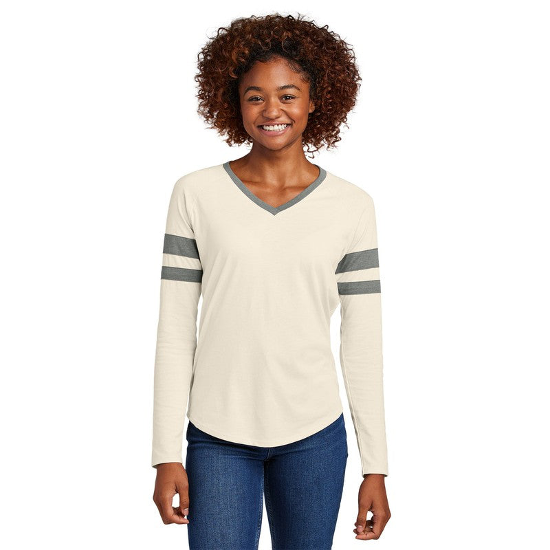 EUPHORIA Sport-Tek® Ladies Halftime Stripe Long Sleeve V-Neck Tee - Vintage Heather/ Ecru