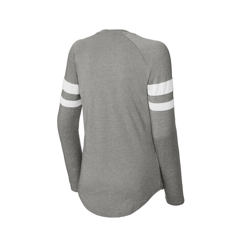 EUPHORIA Sport-Tek® Ladies Halftime Stripe Long Sleeve V-Neck Tee - White/ Vintage Heather