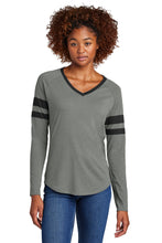 Load image into Gallery viewer, EUPHORIA Sport-Tek® Ladies Halftime Stripe Long Sleeve V-Neck Tee - Black/ Vintage Heather
