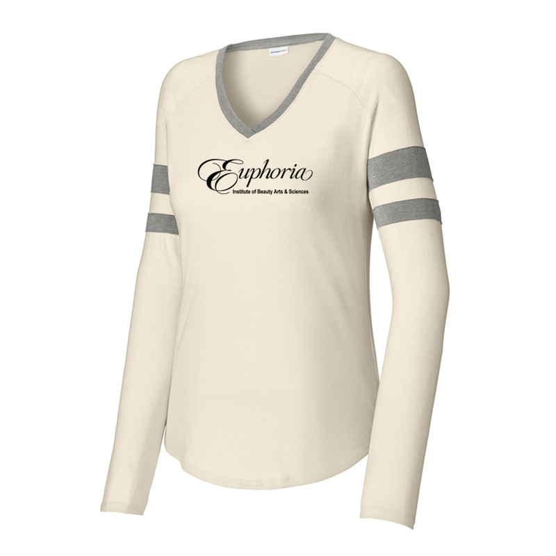 EUPHORIA Sport-Tek® Ladies Halftime Stripe Long Sleeve V-Neck Tee - Vintage Heather/ Ecru