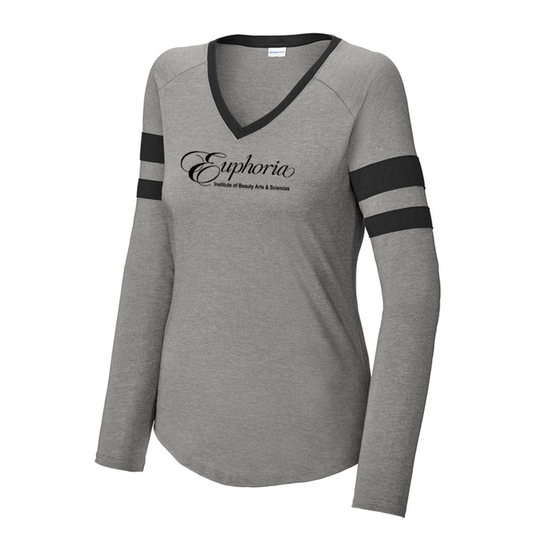 EUPHORIA Sport-Tek® Ladies Halftime Stripe Long Sleeve V-Neck Tee - Black/ Vintage Heather