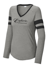 Load image into Gallery viewer, EUPHORIA Sport-Tek® Ladies Halftime Stripe Long Sleeve V-Neck Tee - Black/ Vintage Heather
