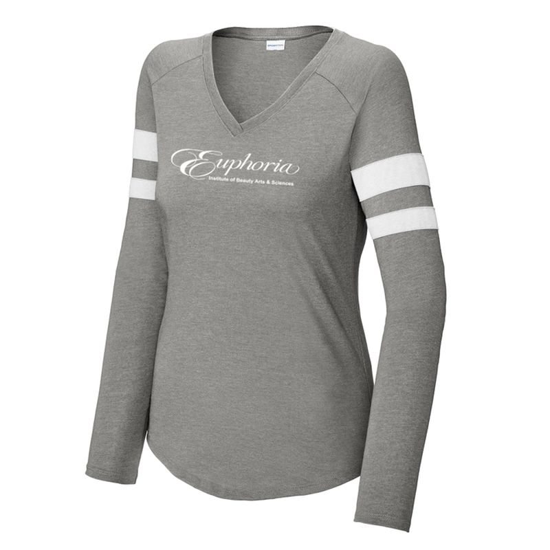 EUPHORIA Sport-Tek® Ladies Halftime Stripe Long Sleeve V-Neck Tee - White/ Vintage Heather