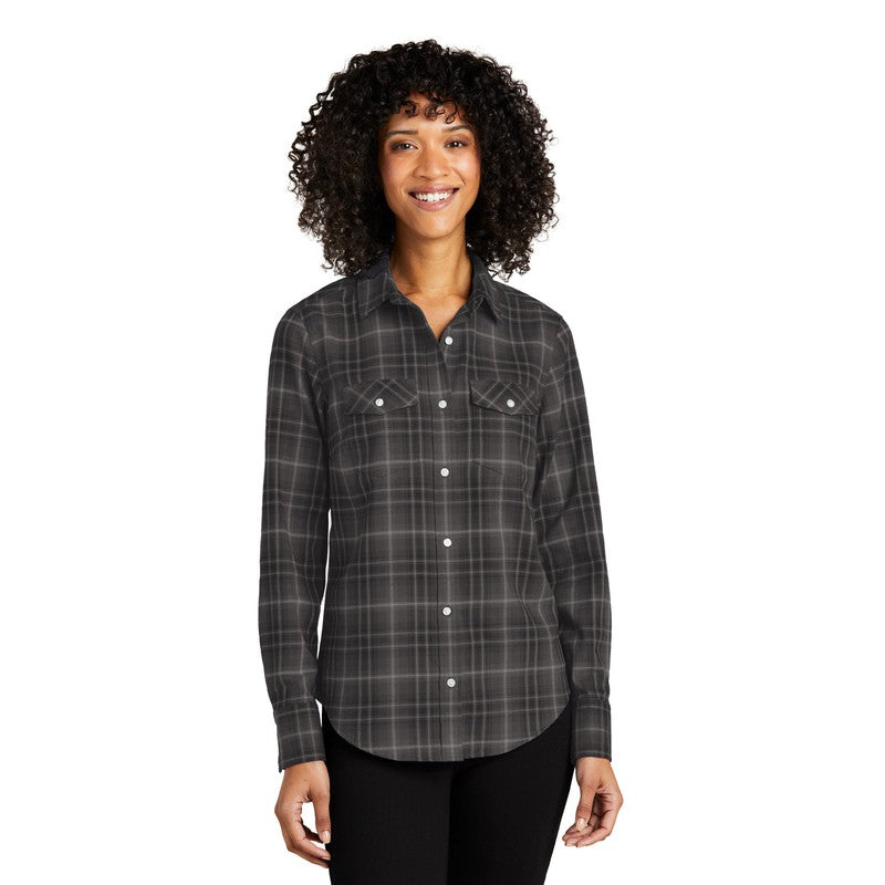 Ladies Long Sleeve Ombre Plaid Shirt - Deep Black