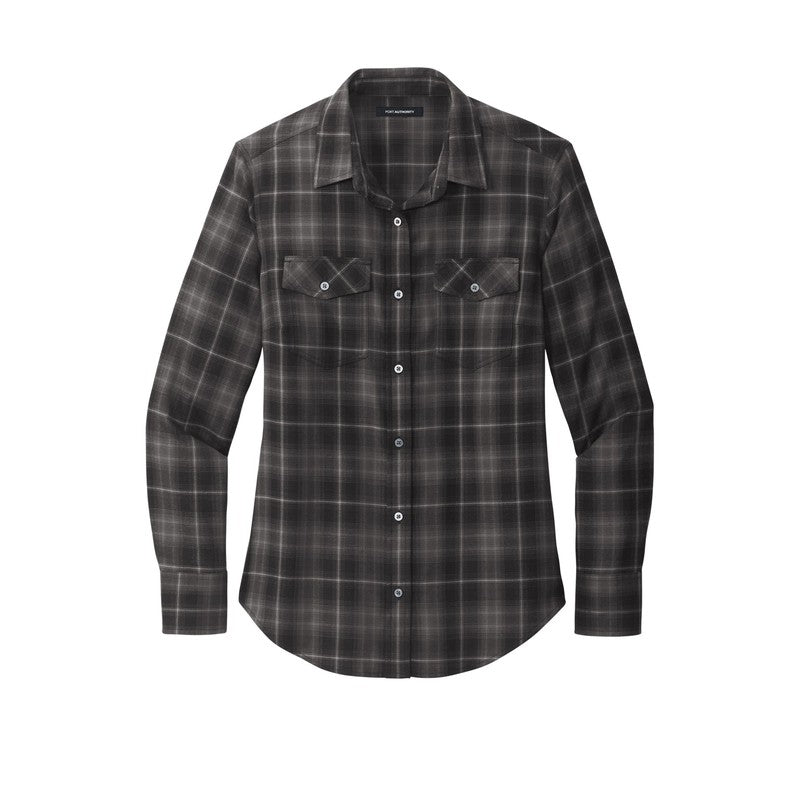 Ladies Long Sleeve Ombre Plaid Shirt - Deep Black