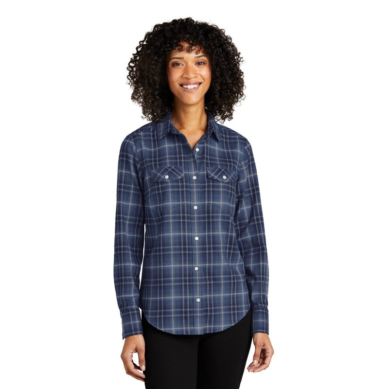 Ladies Long Sleeve Ombre Plaid Shirt - True Navy