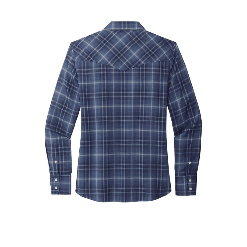 Ladies Long Sleeve Ombre Plaid Shirt - True Navy